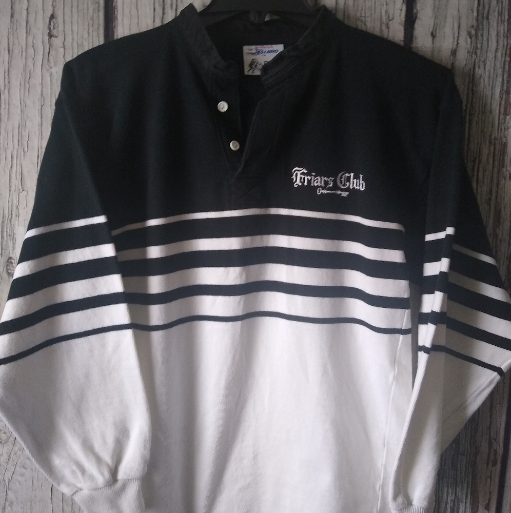 Vintage Halbro Rugby Imports Friars Club Black & White Striped Rugby L/S Polo M